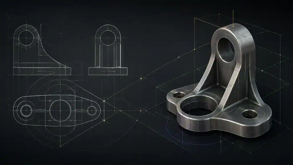 Illustrative CAD bracket beside orthographic outlines